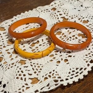 Carved Bake-lite- like Bracelet Set - Orangish-red and Yellowish Butterscotch